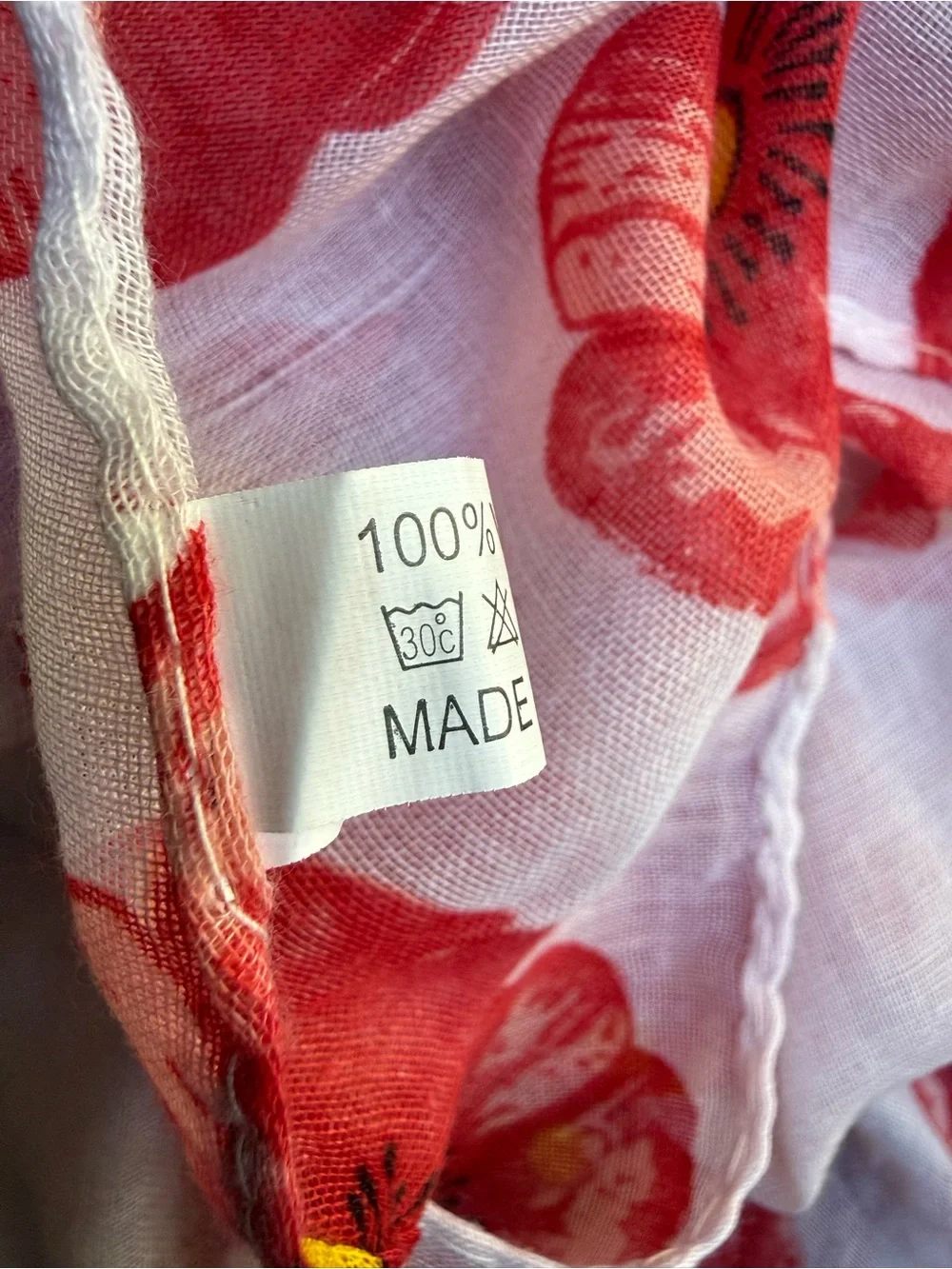 Lightweight Red White Floral Shawl/Scarf/Sarong  32 x70”- Poppies
